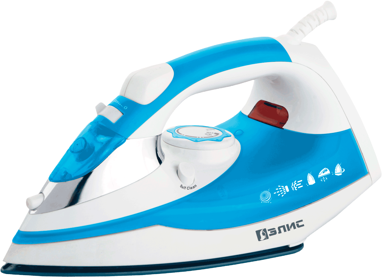 Bright Blue Steam Iron With White Handle High Resolution Transparent PNG Graphic