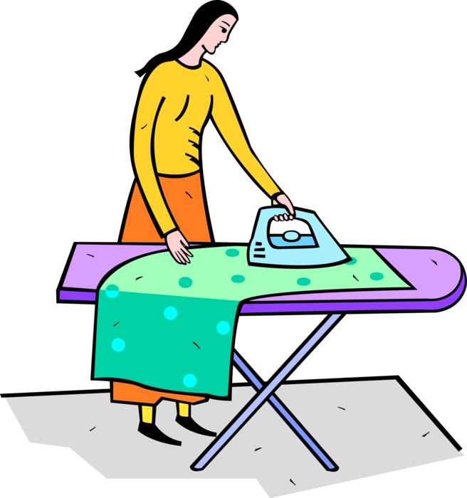 Woman Ironing Colorful Clothes Cartoon Illustration PNG Image With Transparent Background