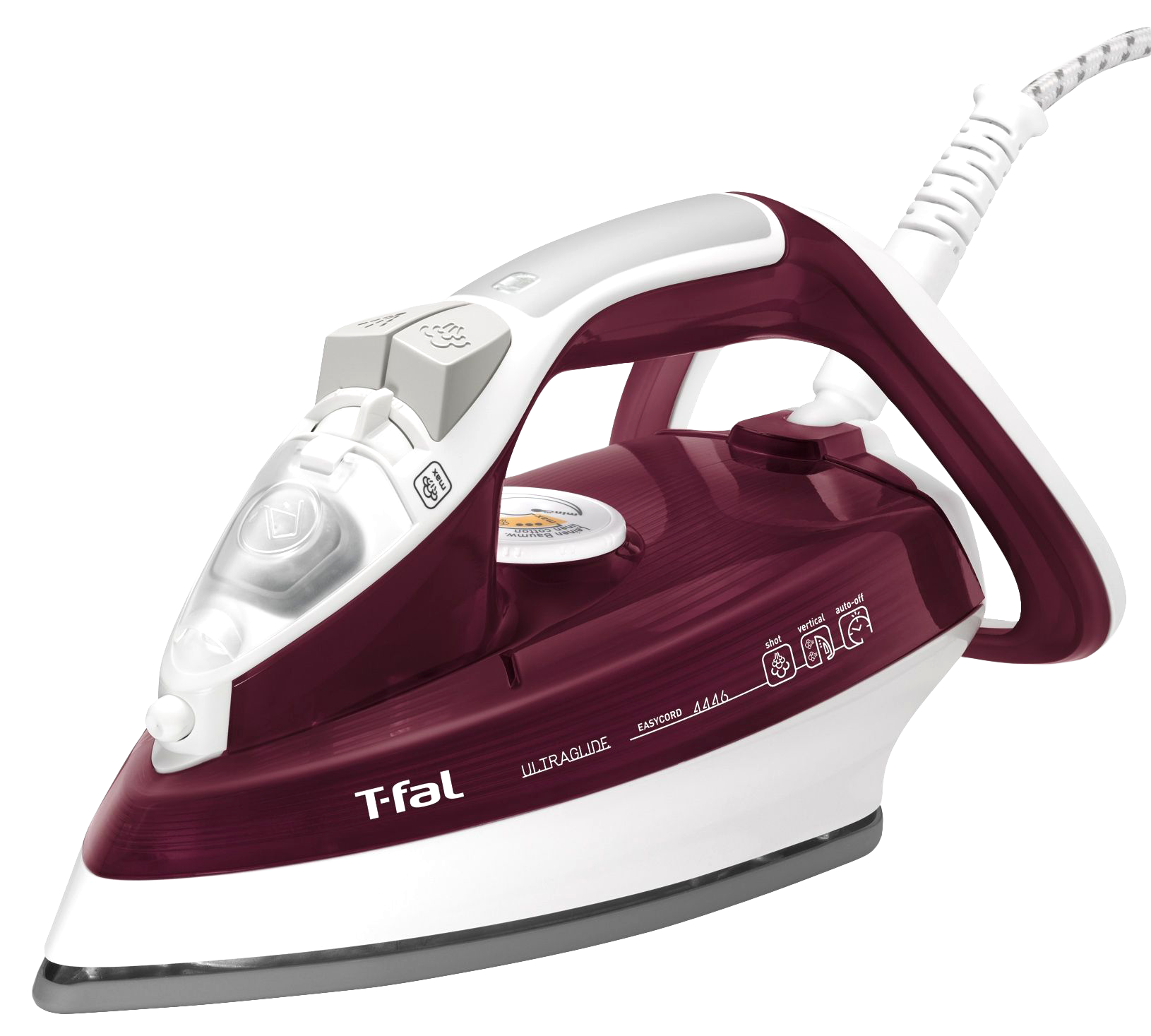 Burgundy And White Tefal Style Steam Iron Isolated On Transparent Background PNG