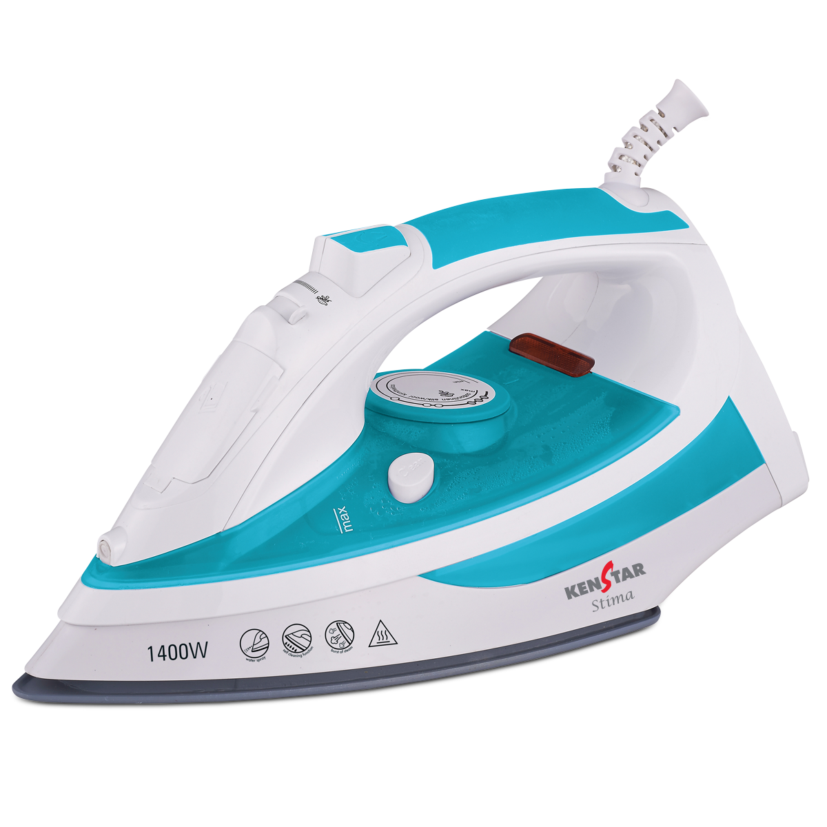 Turquoise And White Steam Iron With Fabric Care Dial Clean Cutout PNG Illustration