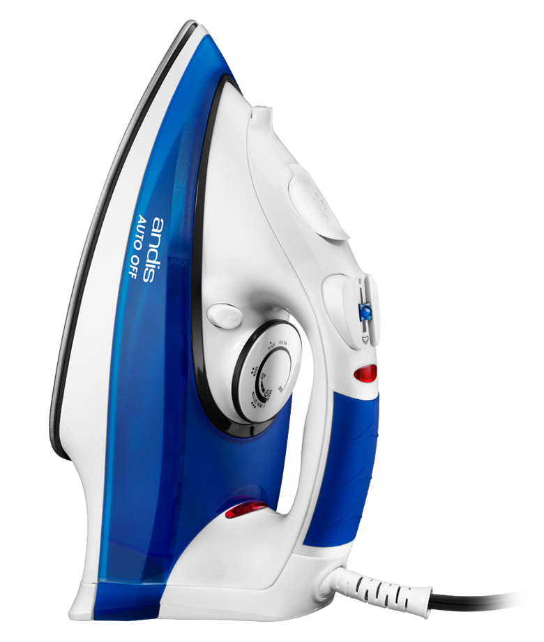Upright Blue And White Steam Iron Side Profile PNG Clip Art With Clear Background