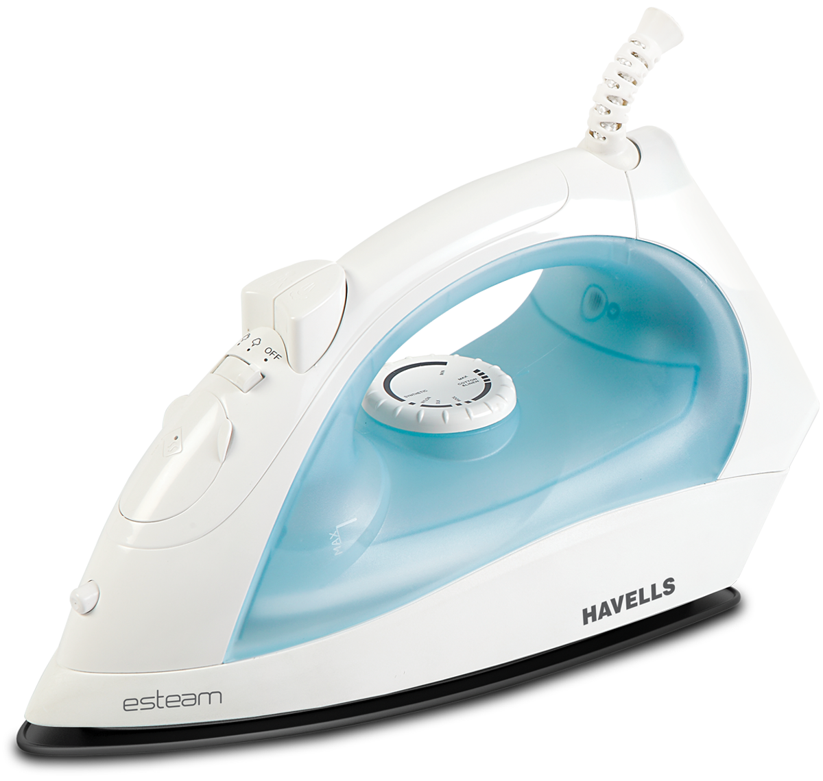 White And Aqua Compact Steam Iron Side View High Resolution Transparent PNG Graphic