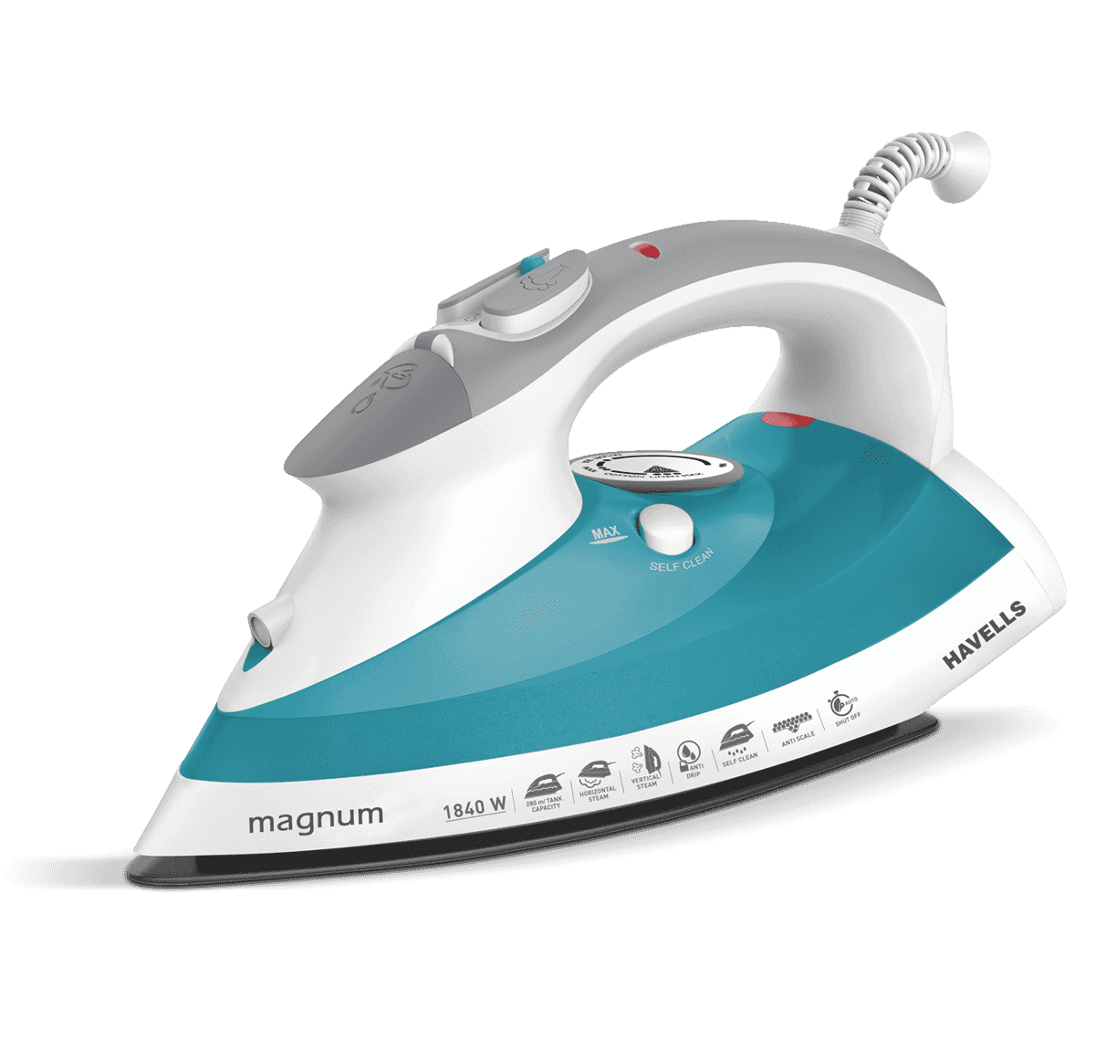 White And Aqua Steam Iron With Gray Soleplate PNG Clip Art With Clear Background