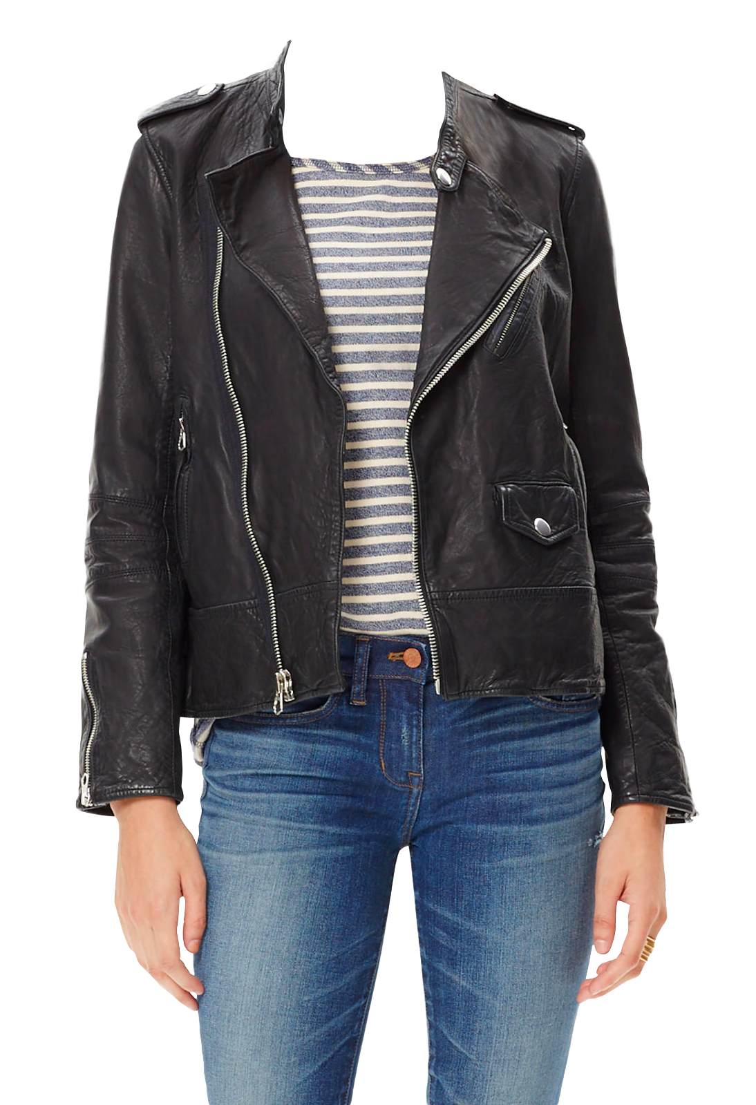 Black Leather Biker Jacket Over Striped Shirt PNG Fashion Image For Design