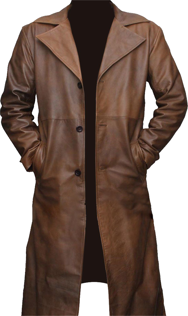 Long Brown Leather Coat With Belt And Lapels Transparent Background Apparel PNG
