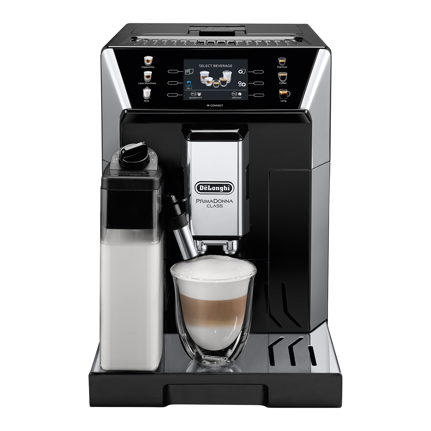Black Automatic Cappuccino Machine With Milk Dispenser Isolated On Transparent Background