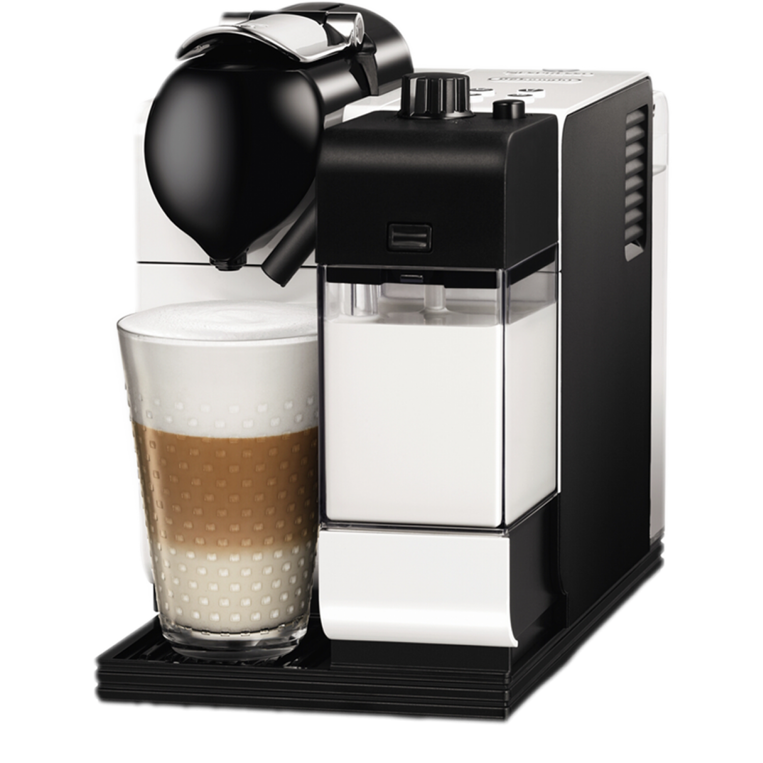 Black Capsule Coffee Maker With Milk Frother And Latte Glass Isolated On Transparent Background