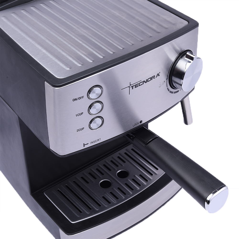Compact Silver Espresso Machine With Front Brewing Controls PNG Clip Art On Clear Background