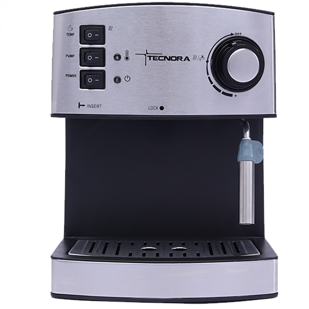 Silver And Black Home Espresso Coffee Machine With Control Dial Transparent Background PNG Image