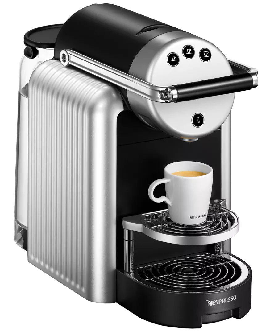 Silver Single Cup Espresso Machine With Capsule Holder PNG Product Image For Design