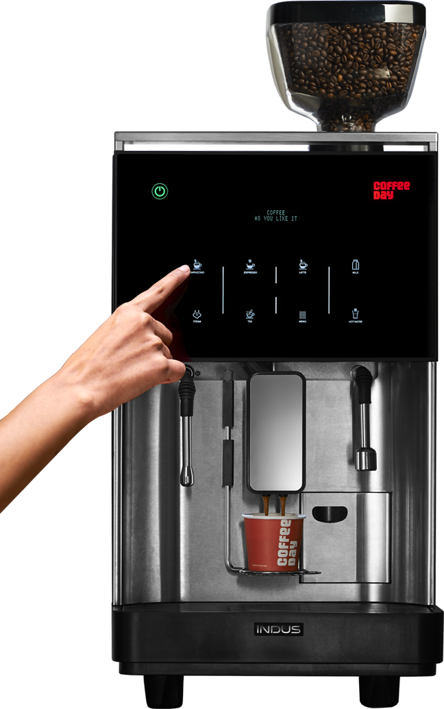 Touchscreen Espresso Machine With Hand Selecting Coffee Settings PNG Cutout With Clear Background