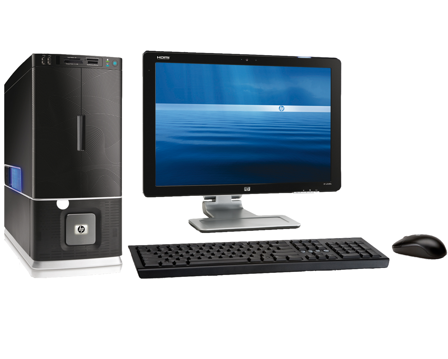Black Desktop Tower With Blue Monitor Keyboard And Mouse Set PNG Image With Transparent Background