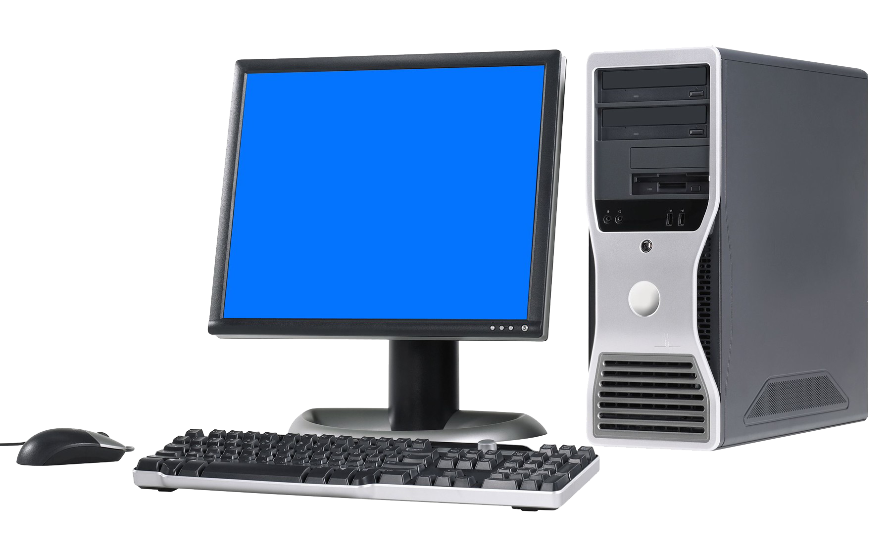 Blue Screen Desktop Computer With Silver Tower And Keyboard PNG Clip Art On Clear Background
