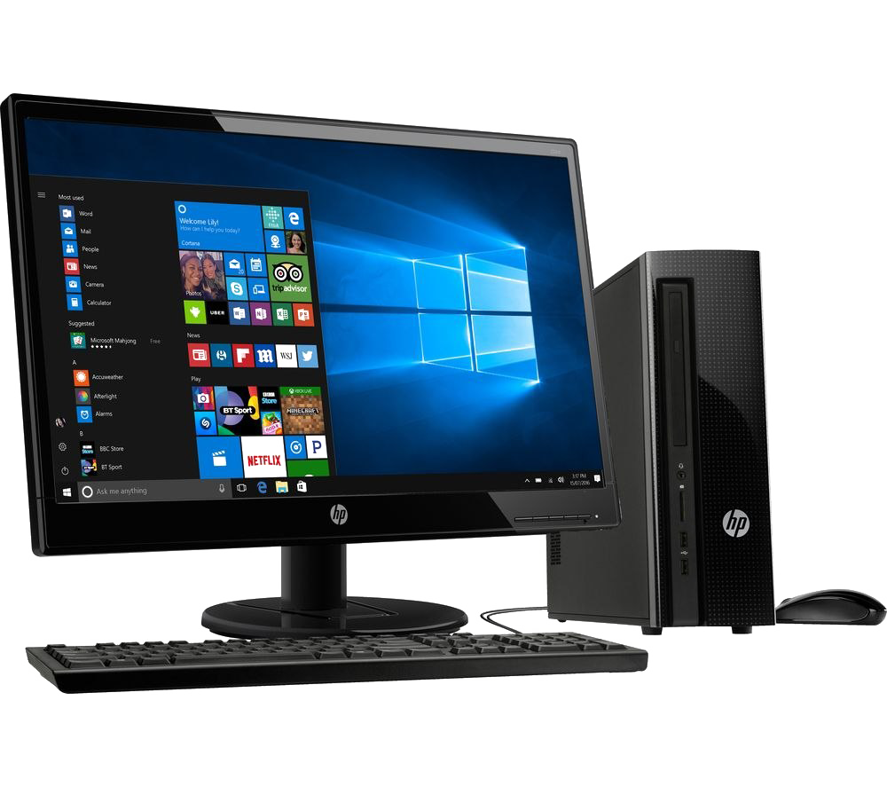 Modern Black Desktop PC With Windows Screen Keyboard And Mouse Computer Setup PNG With Clear Background