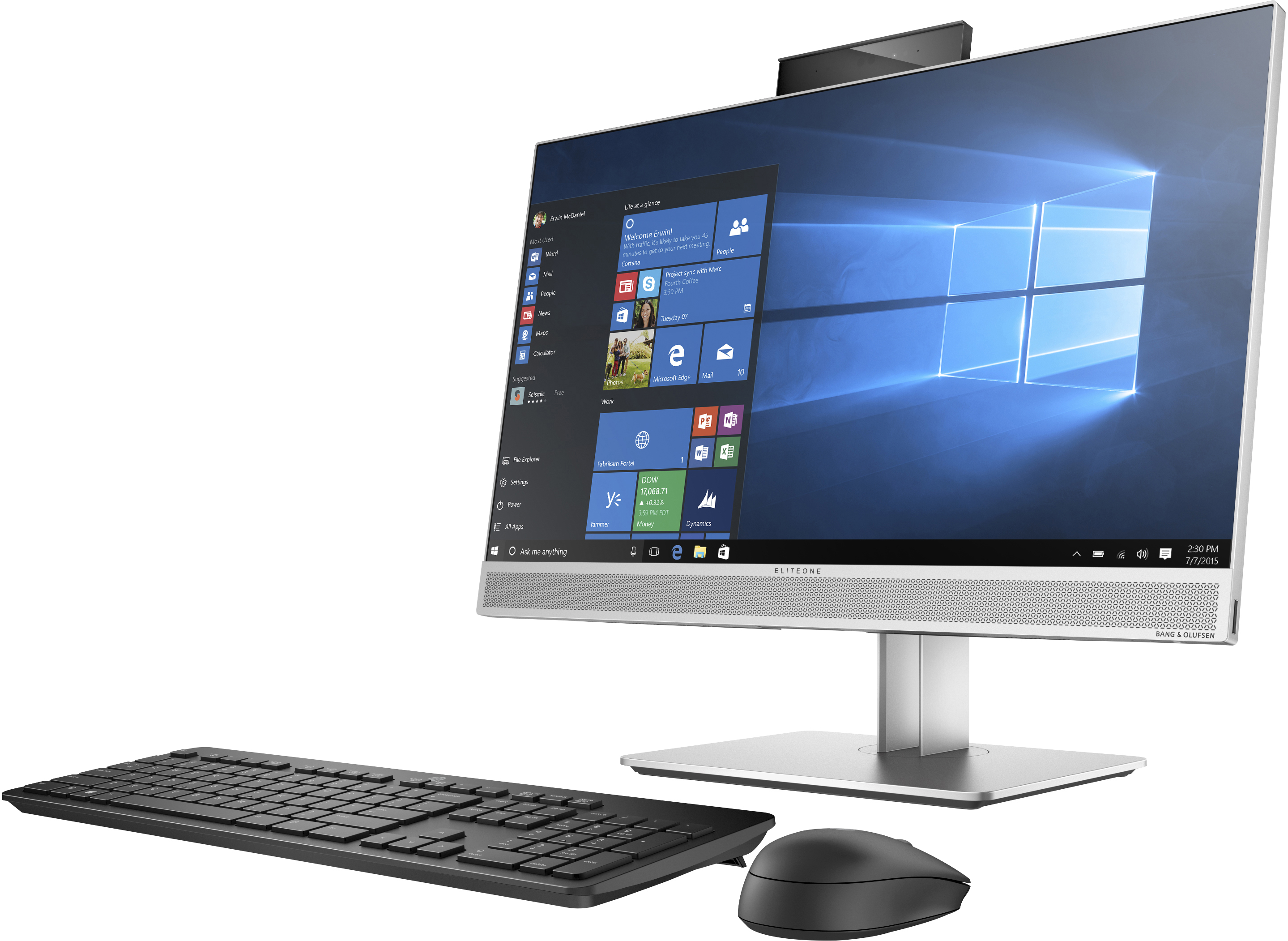Silver All In One Computer With Blue Desktop Screen And Keyboard Printable PNG Graphic With Transparent Background