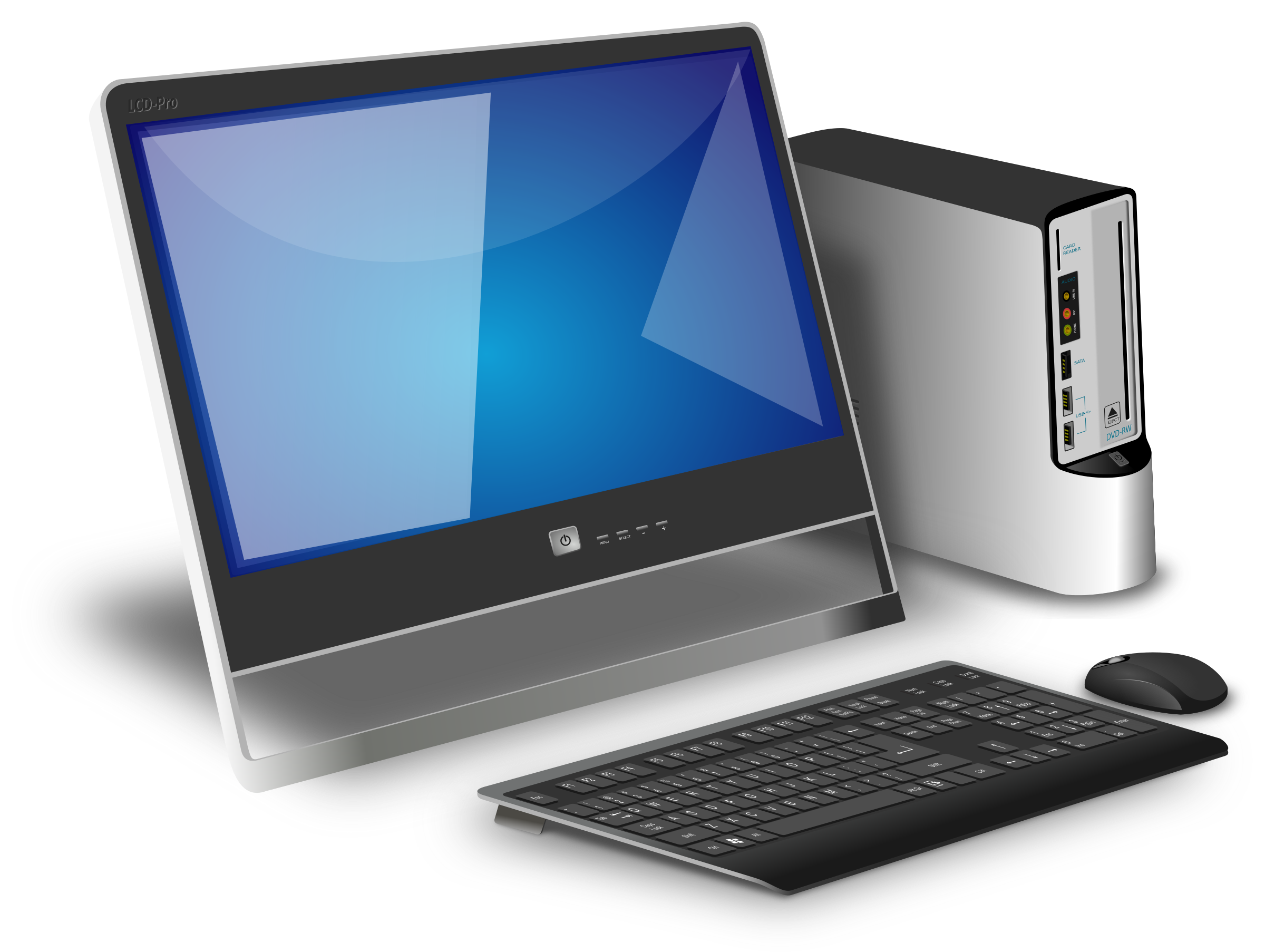Slim Blue Screen Monitor With Black Desktop Tower And Mouse PNG Clip Art On Clear Background