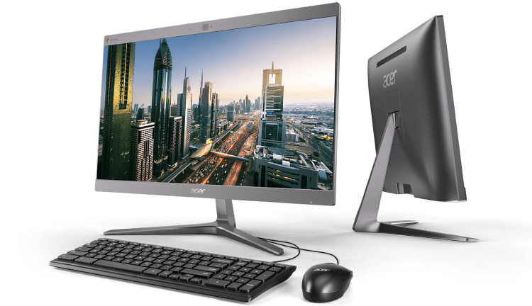 Slim White Desktop Monitor With City Wallpaper And Speakers PNG Cutout With Clear Background