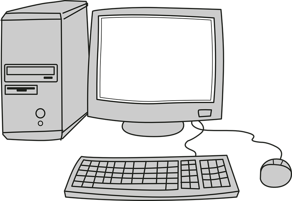 Vintage Desktop Computer Set Line Art With Keyboard Printable PNG Graphic With Transparent Background