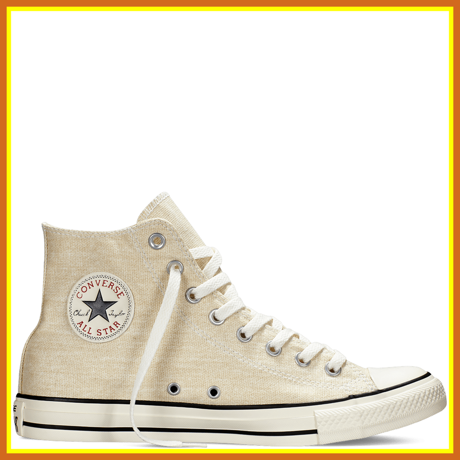 White Converse Chuck Taylor High Top Sneaker In Yellow Frame Isolated On Transparent Background