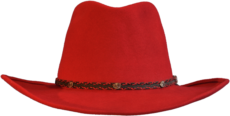 Bright Red Cowboy Hat With Black Decorative Band Isolated On Transparent Background