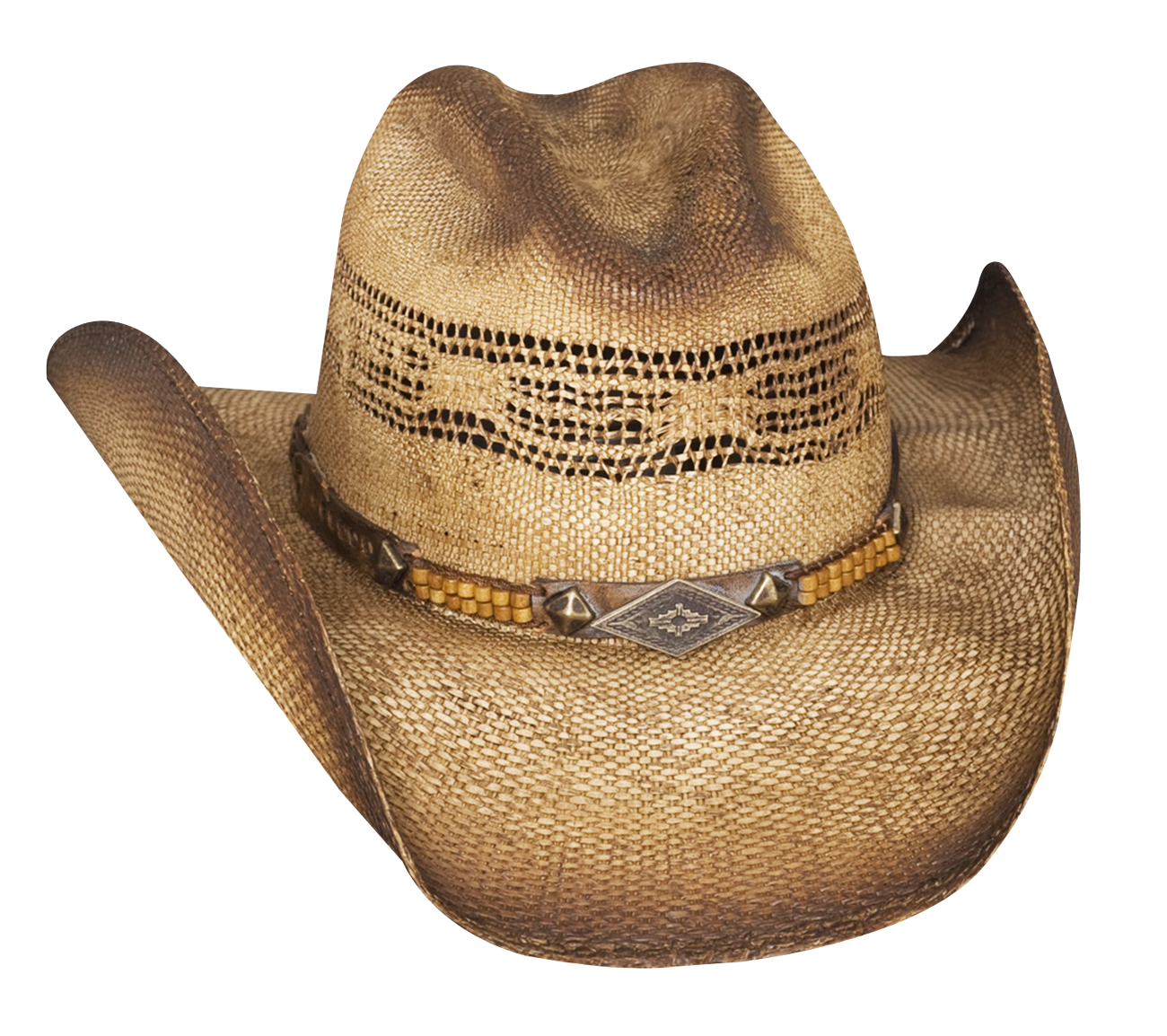 Weathered Straw Cowboy Hat With Dark Patterned Band Transparent Background PNG Image
