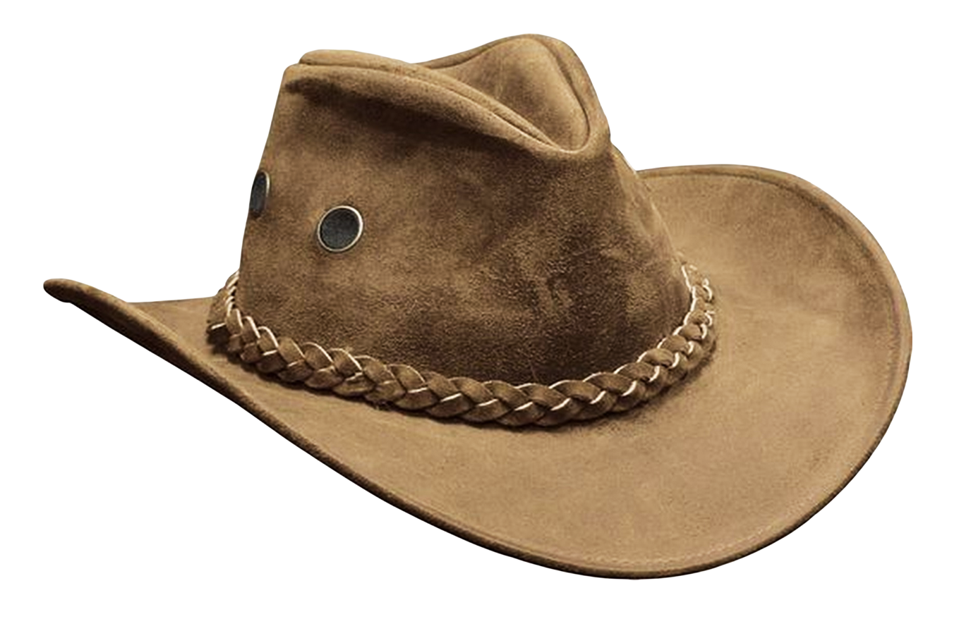 Worn Brown Leather Cowboy Hat With Braided Trim Isolated On Transparent Background