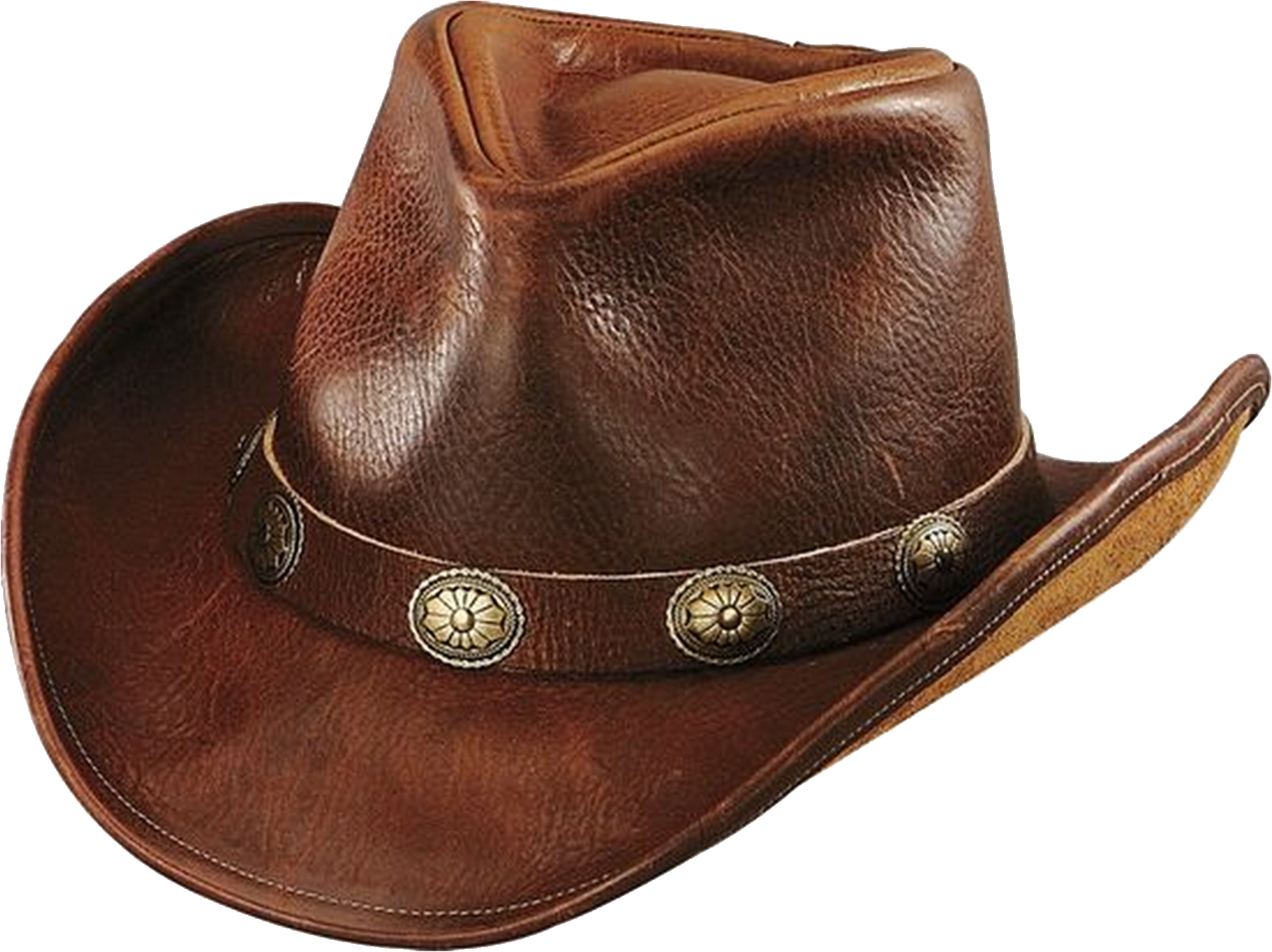Brown Leather Cowboy Hat With Metal Studs And Conchos Printable PNG Graphic With Transparent Background