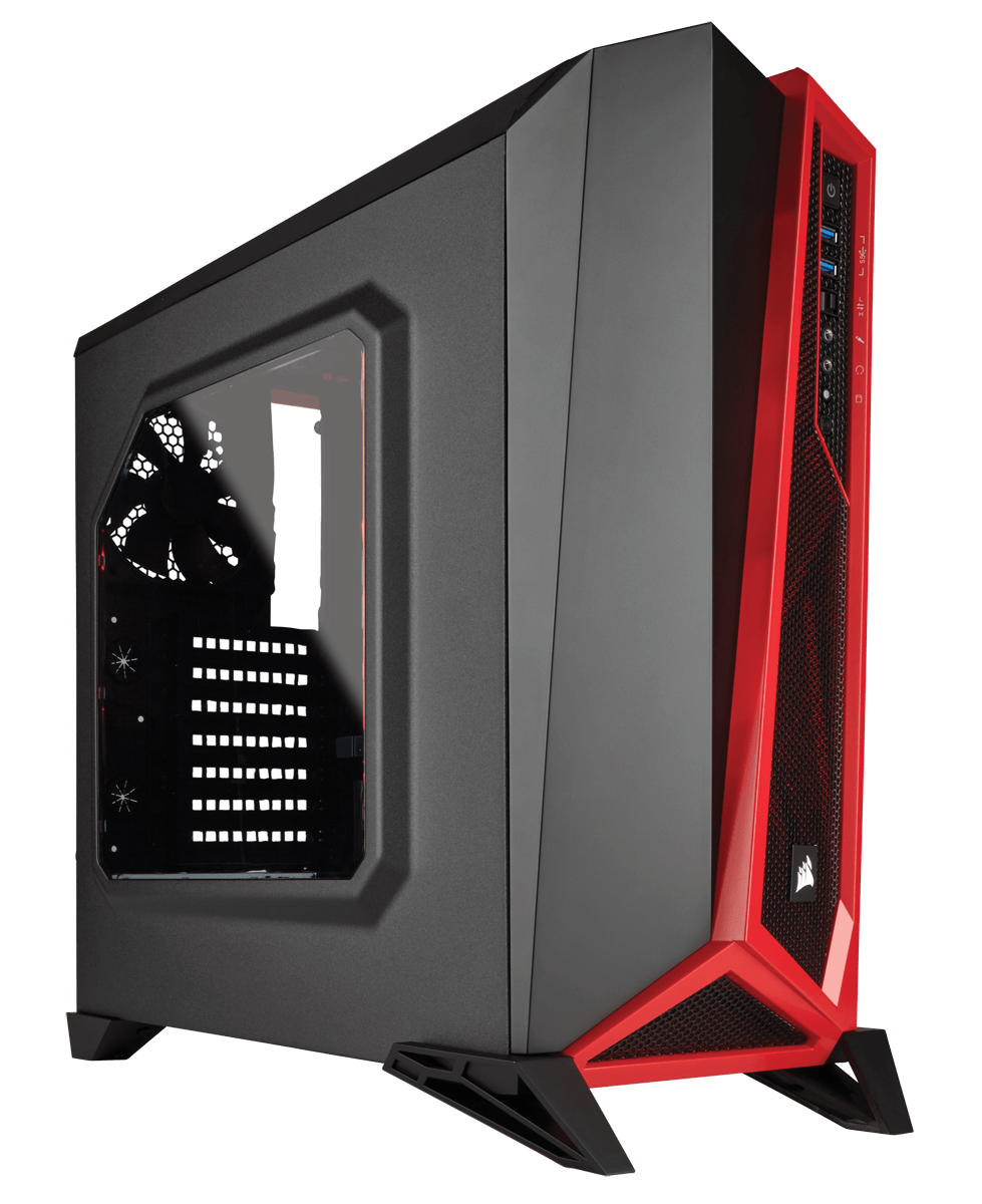 Black And Red Gaming PC Case Tower Angled View PNG Image With Transparent Background