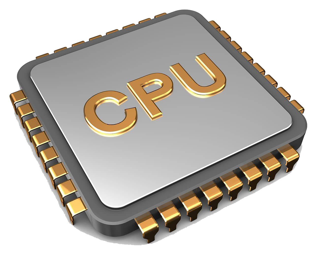 Gold Lettered CPU Processor Chip With Metallic Pins Isolated Transparent PNG Graphic