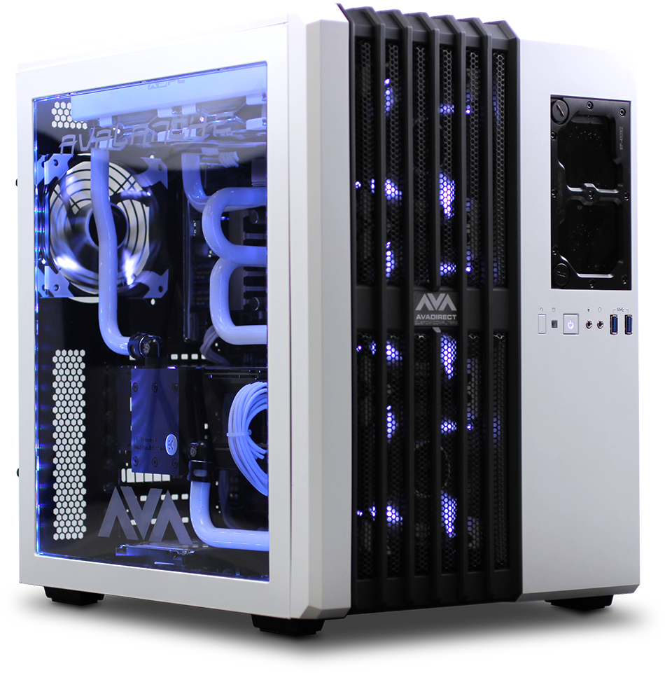 White And Black Gaming PC Tower With Blue Interior Lighting High Resolution PNG Illustration