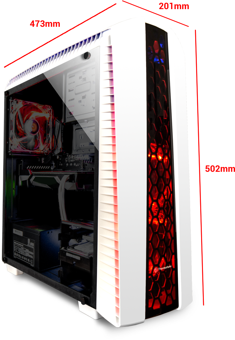White RGB Gaming PC Tower With Red Fans And Dimensions PNG Cutout With Clear Background
