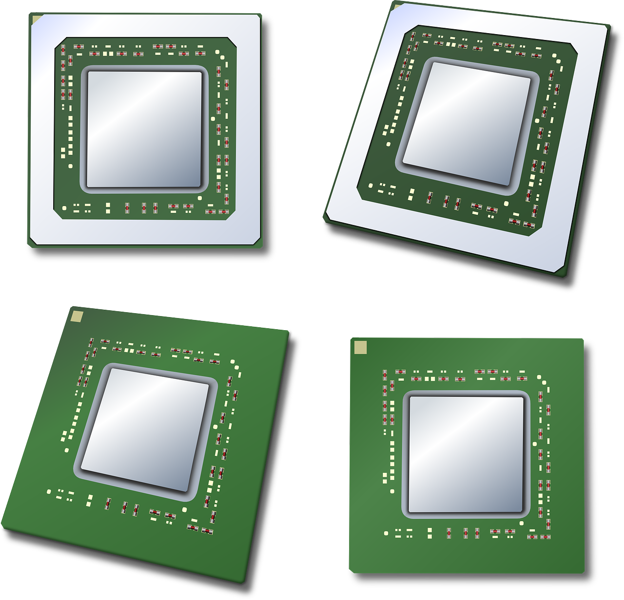 Set Of Four Green Computer Processor Chips Transparent Background PC Component PNG