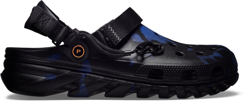 Black Crocs Clog With Blue Accent And Buckle Strap PNG Cutout With Clear Background