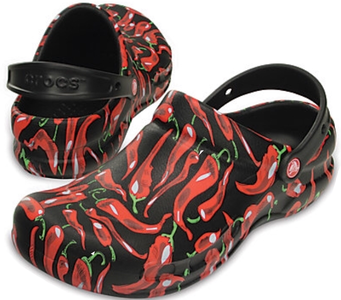 Black Crocs Clogs With Colorful Red And Green Pattern PNG Clip Art On Clear Background