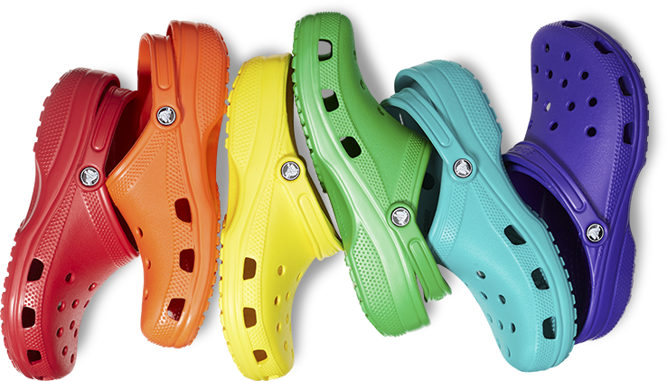 Colorful Classic Crocs Clogs In Red Orange Yellow Green Blue And Purple Transparent Background PNG Image