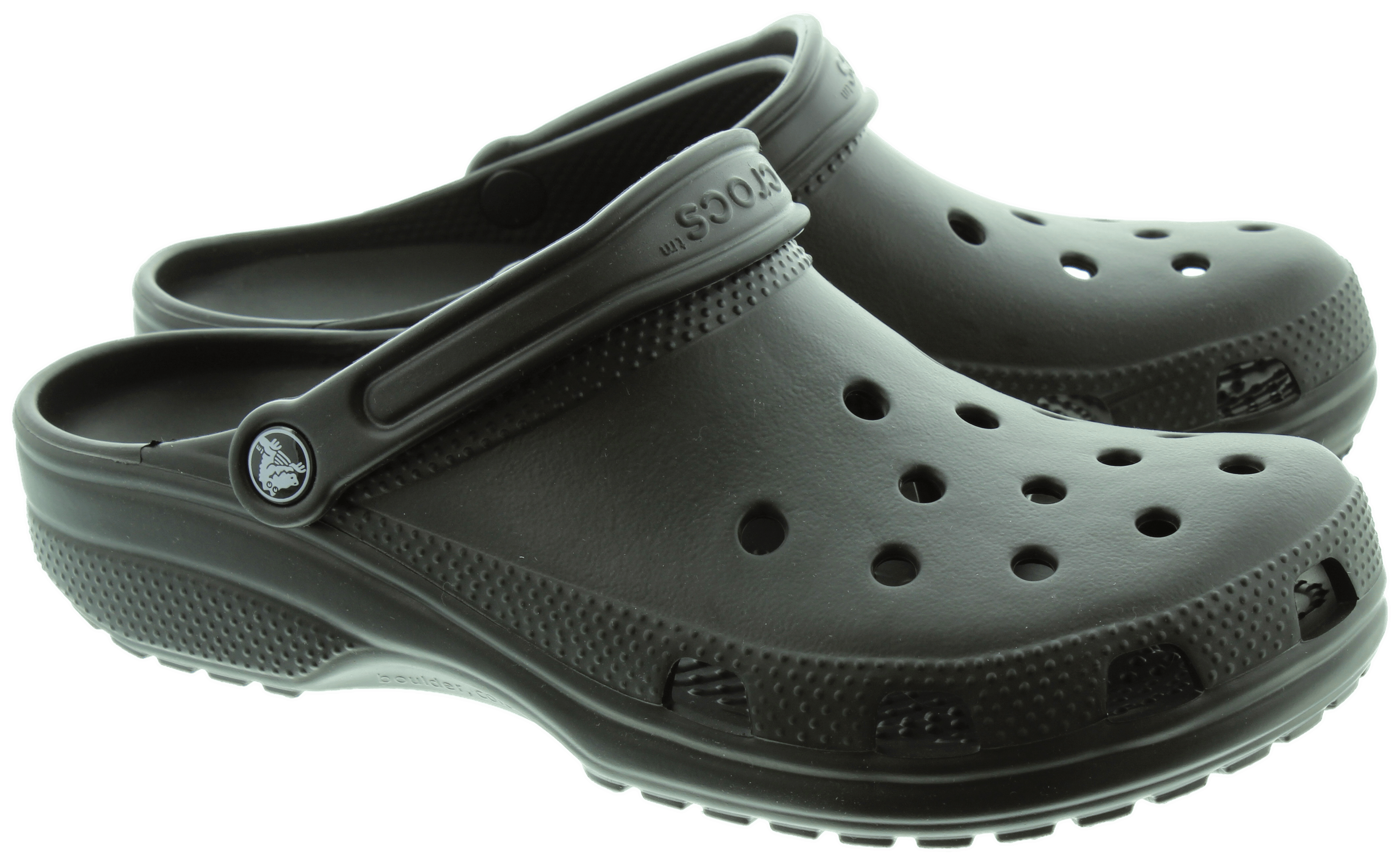 Pair Of Dark Gray Crocs Clogs With Heel Straps Transparent PNG Clipart