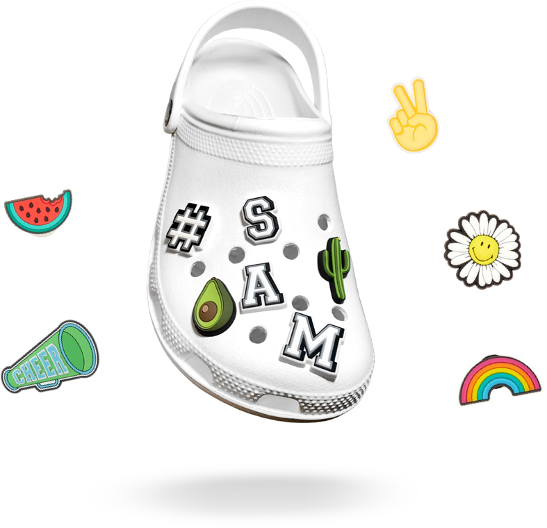White Crocs Clog With Alphabet And Rainbow Charms Isolated Crocs Shoe PNG Artwork
