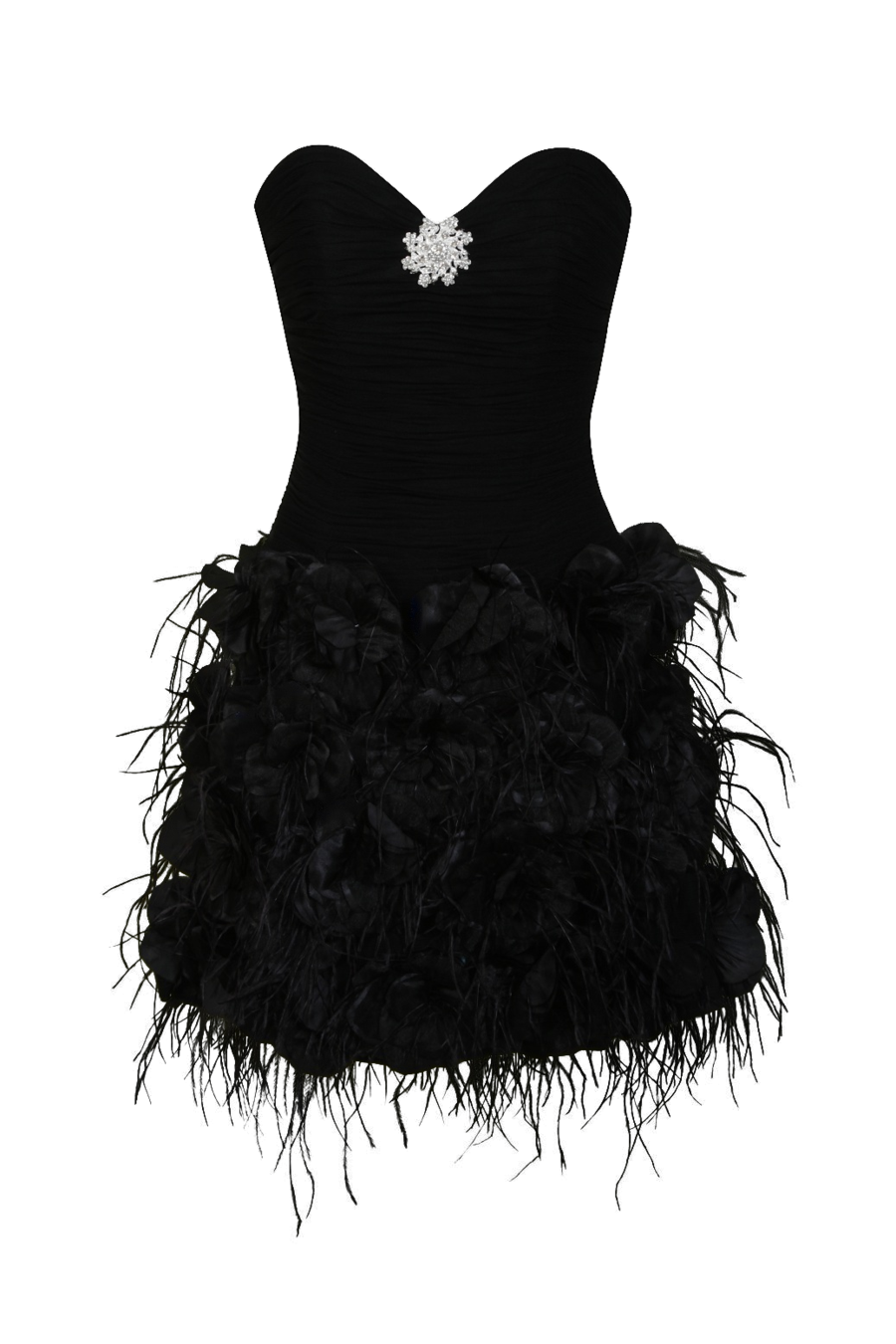 Black Strapless Evening Dress With Feathered Skirt Fashion Image PNG With Clear Background