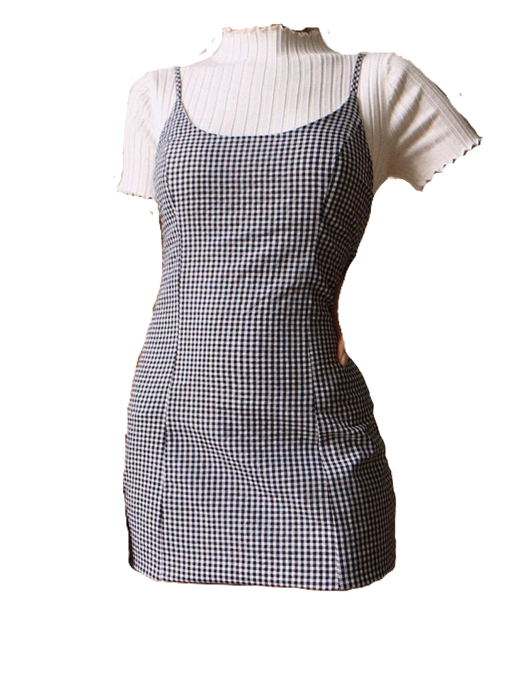 Gray Striped Casual Pinafore Dress Over White Shirt PNG Clip Art On Clear Background