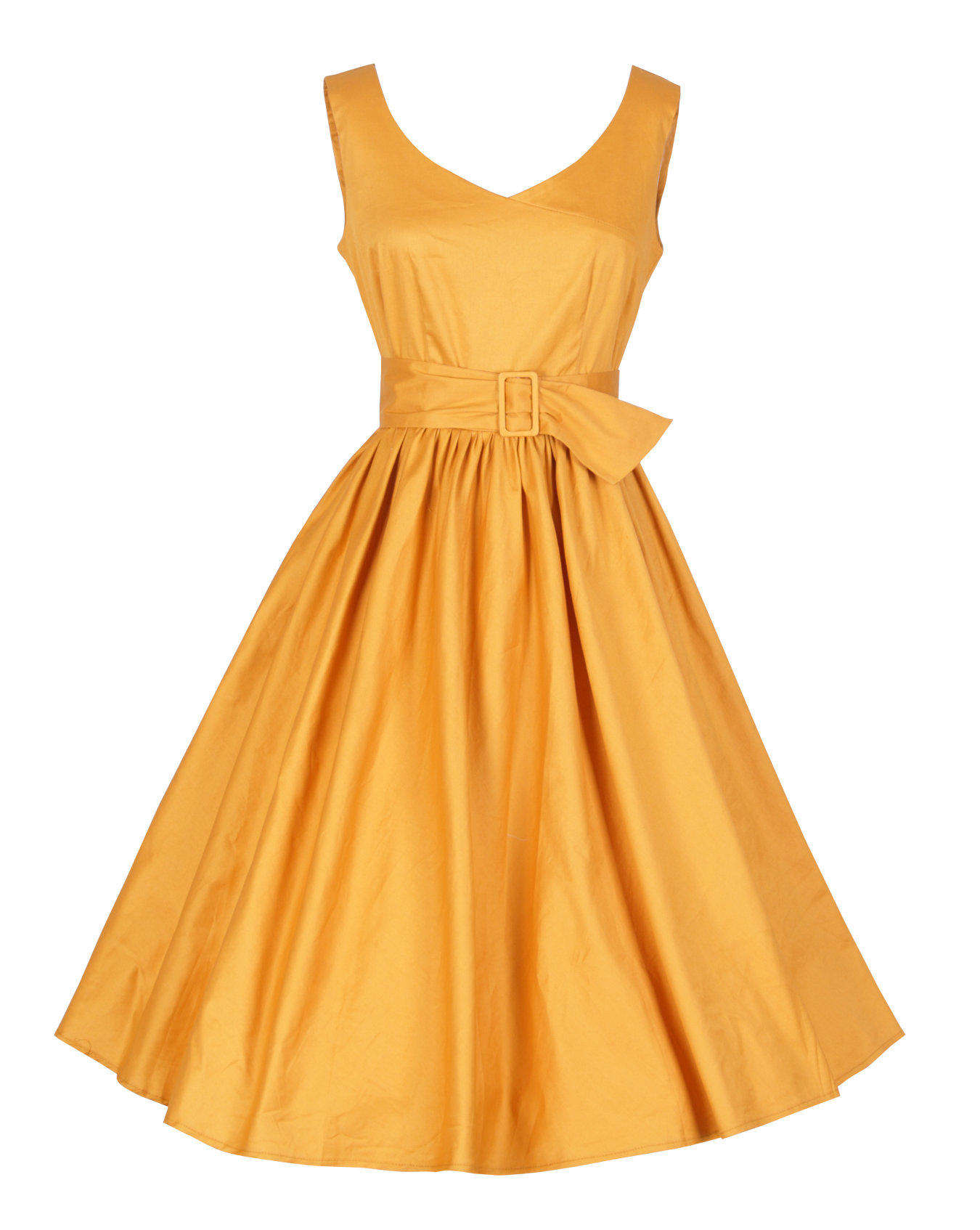 Mustard Yellow Sleeveless Summer Sundress With Waist Tie PNG Image With Transparent Background