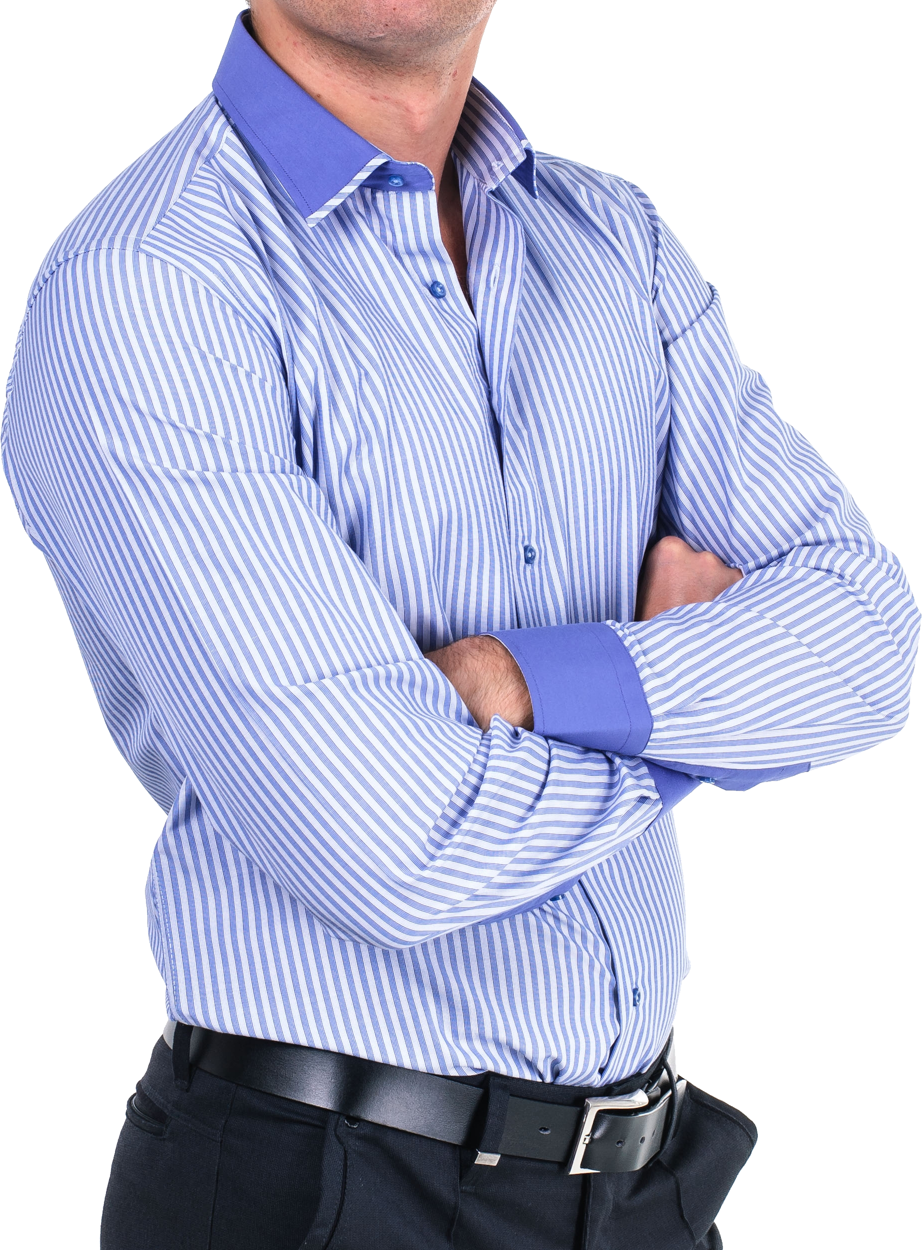 Man In Blue Striped Dress Shirt With Arms Crossed PNG Cutout With Clear Background