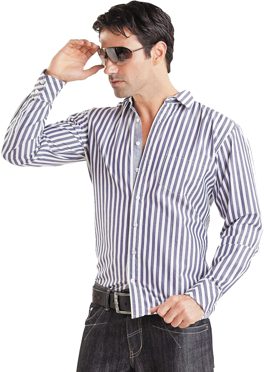 Man Wearing Blue Striped Shirt And Sunglasses Printable PNG Graphic With Transparent Background