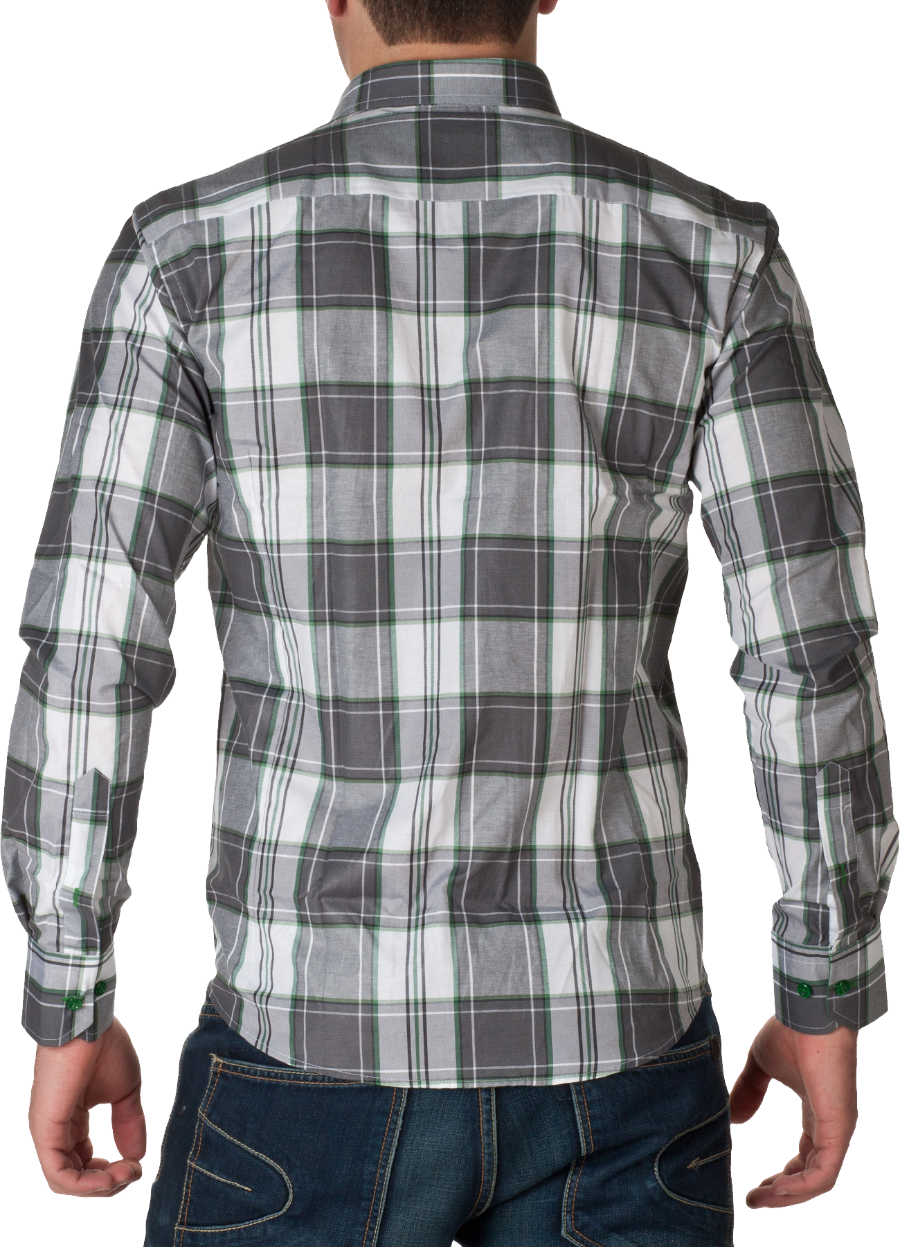 Man Wearing Gray Plaid Shirt Back View Isolated Menswear PNG Artwork