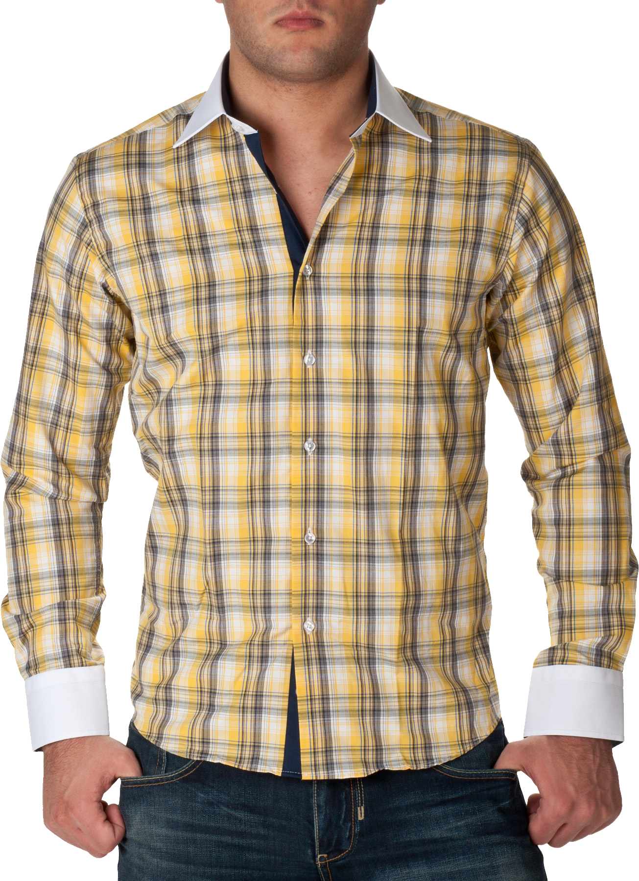 Man Wearing Yellow Plaid Button Down Shirt And Dark Jeans Transparent Background Clothing PNG