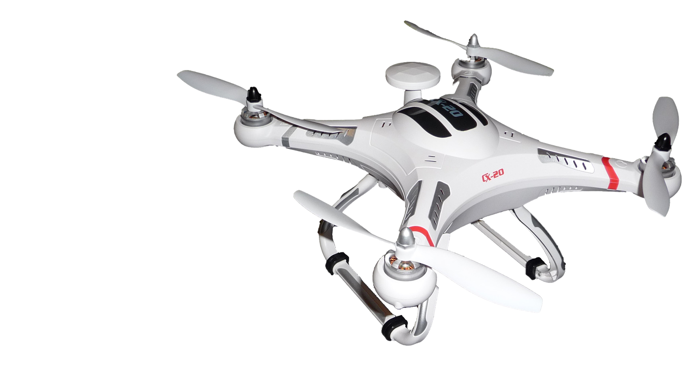 White Camera Drone With Red Arm Accents Printable PNG Graphic With Transparent Background