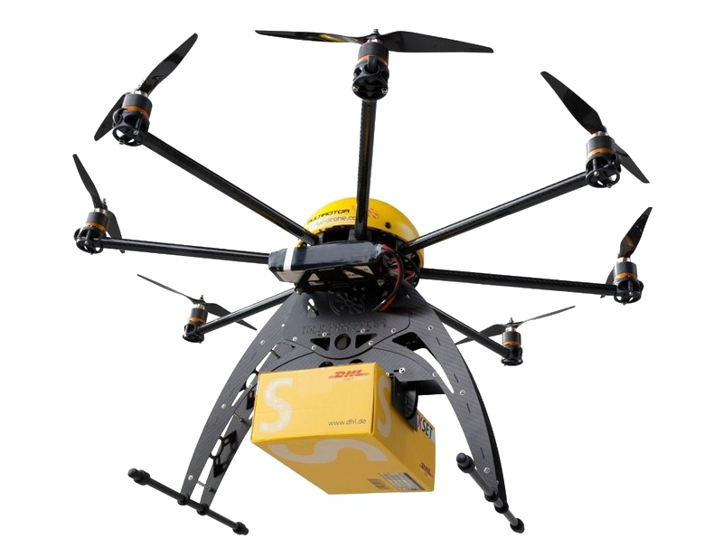 Industrial Heavy Lift Drone Carrying Yellow Cargo Box Isolated Quadcopter PNG Artwork