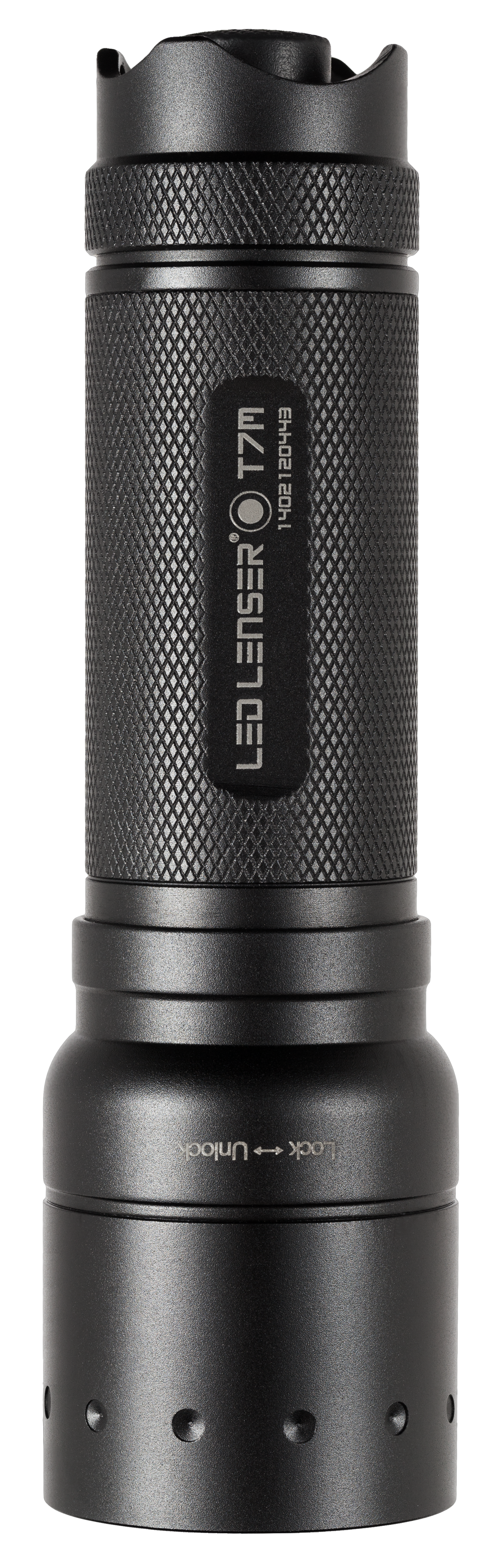 Black Cylindrical Flashlight Standing Upright Transparent Background LED Light PNG