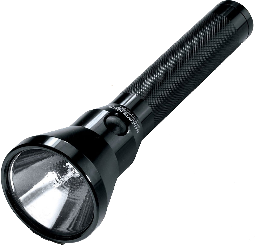 Black Heavy Duty Torch With Large Reflector Head Isolated On Transparent Background