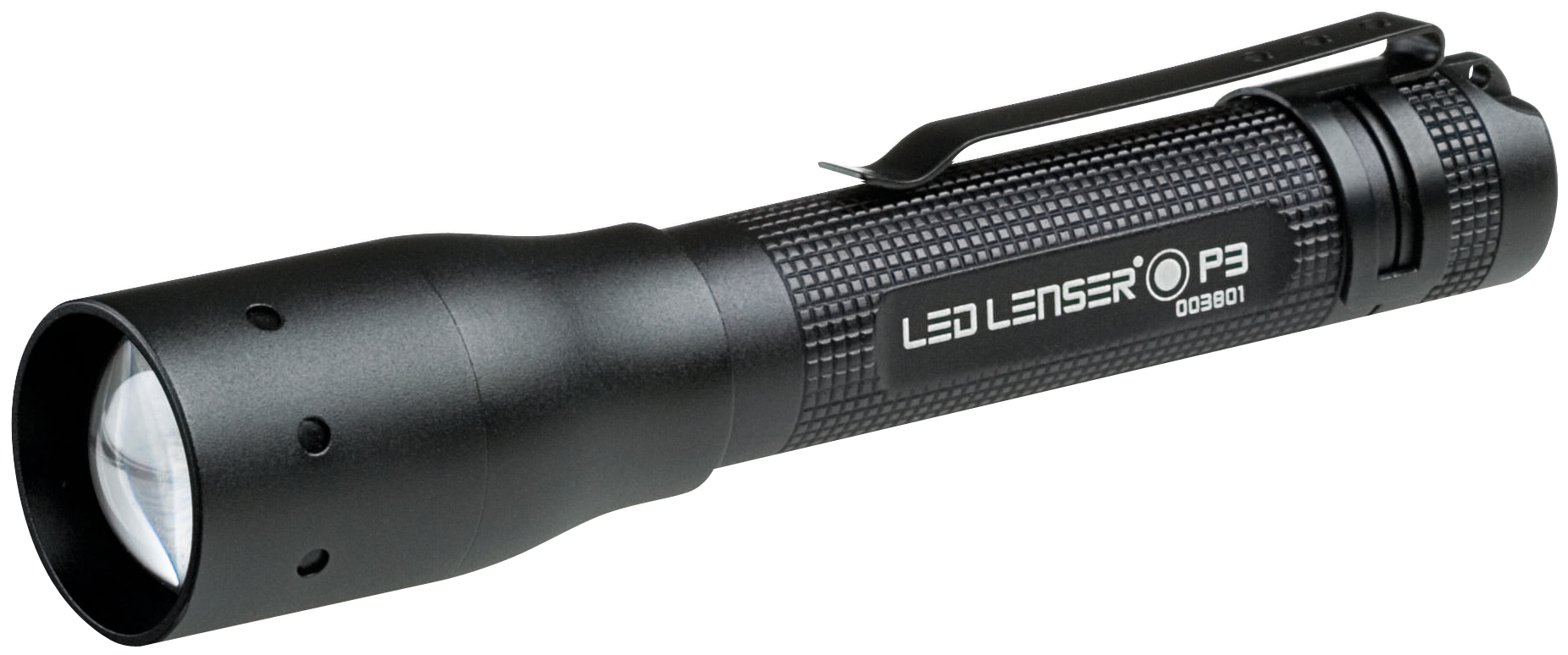 Black LED Flashlight With Large Reflector And Grip Isolated Flashlight PNG Artwork