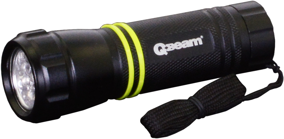 Black LED Flashlight With Yellow Accent Ring And Wrist Strap Transparent Background LED Light PNG